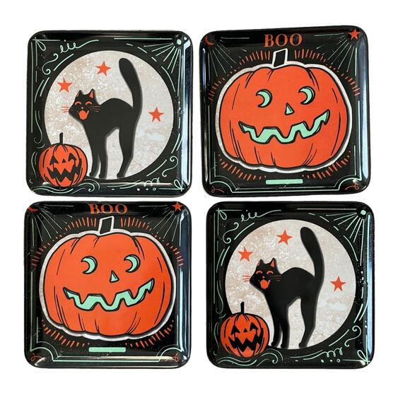 Spooky Night Halloween Melamine Appetizer Plates 5.75in Set Of 4 Black & Orange - Picture 1 of 9